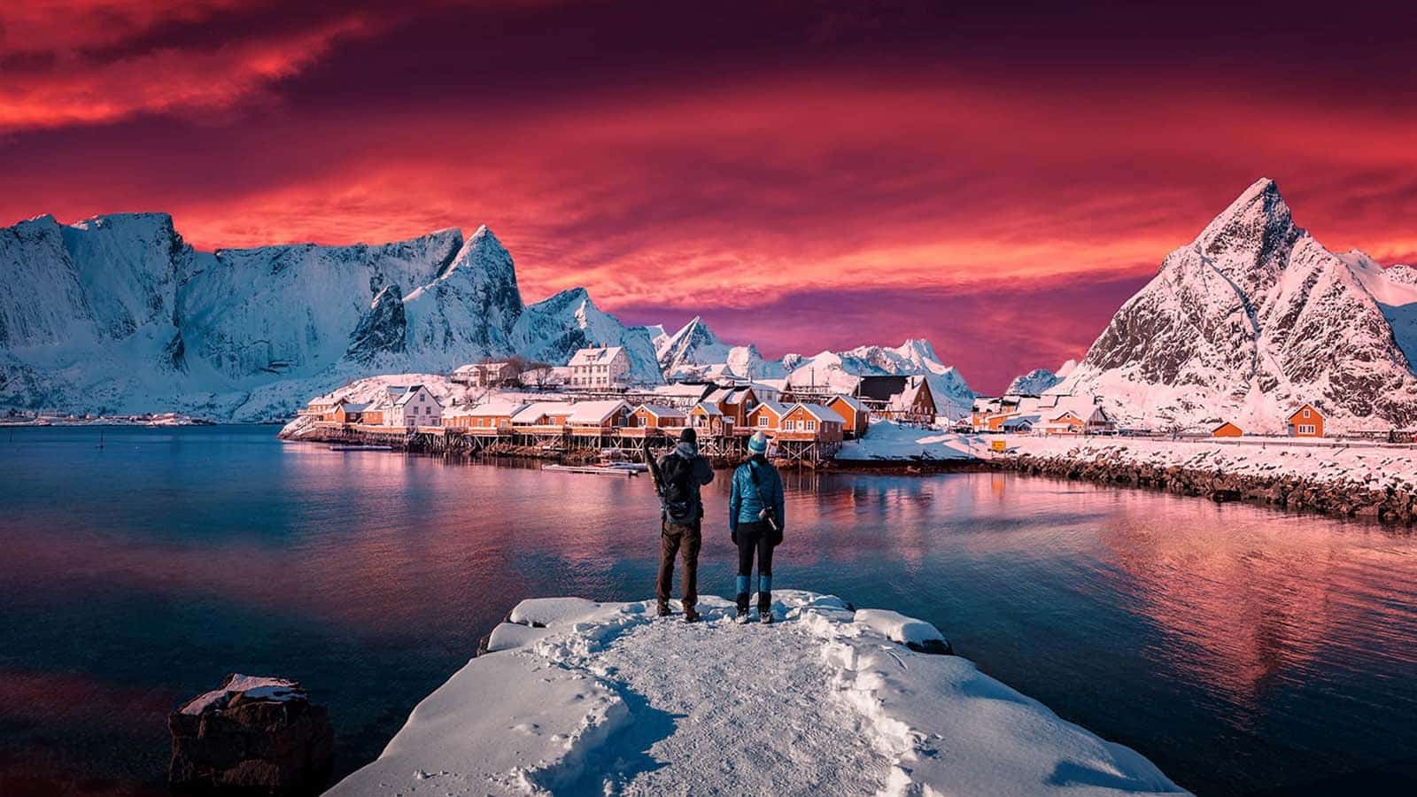 lofoten-photo-red-sky le Lofoten in inverno sotto un cielo rosso fuoco