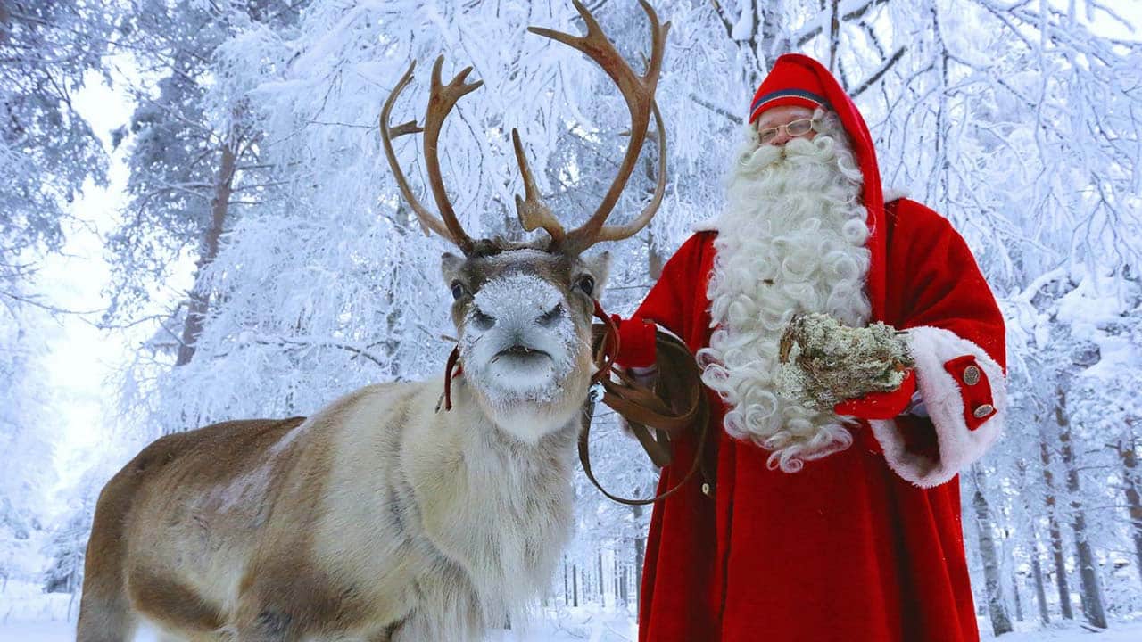 santa claus in rovaniemi babbo natale e una renna nella lapponia finlandese