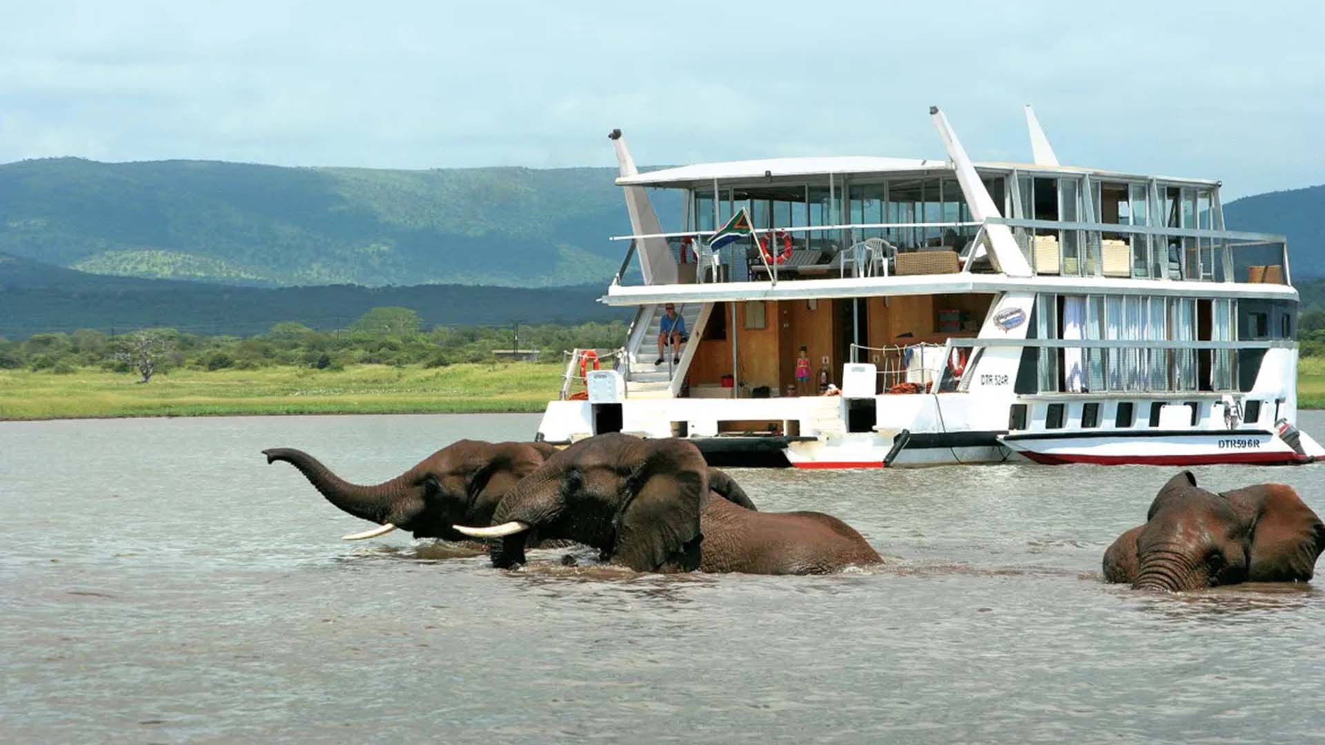 Boat-with-Elephants elefanti in acqua durante un safari in barca