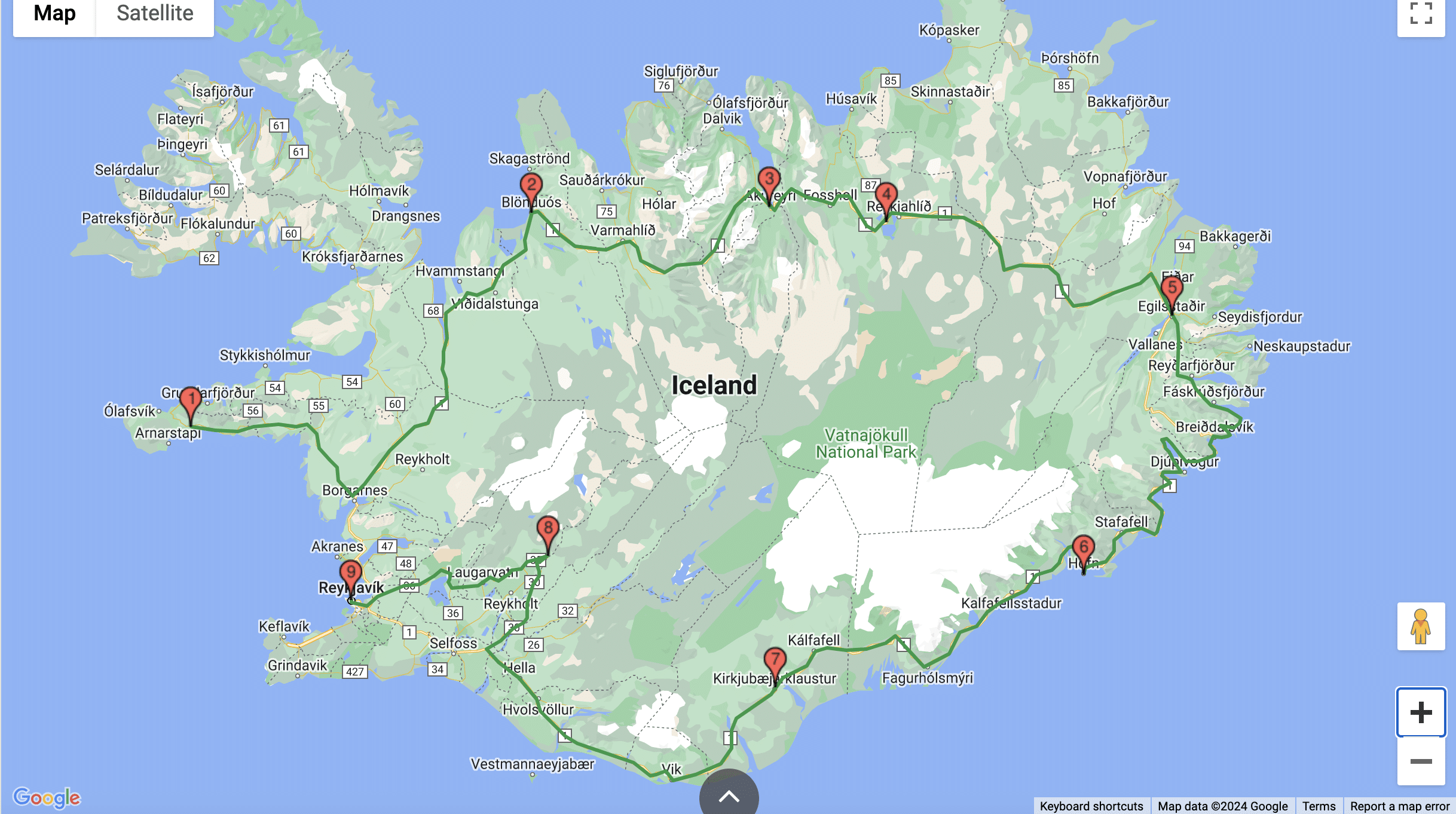 9gg:8n mappa itinerario self drive di 10 giorni in Islanda